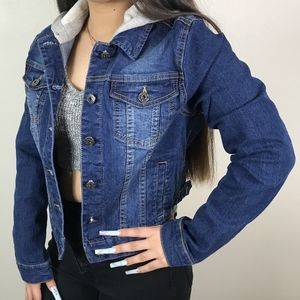 Denim blue jacket with grey hoodie